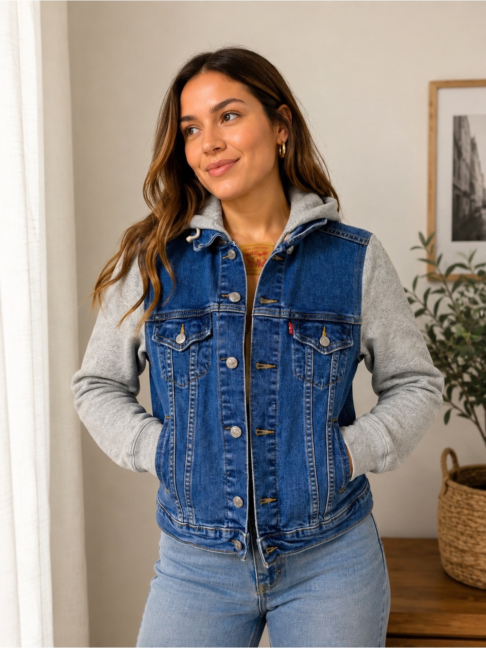 Levi's Denim Hoodie Jacket Gray Sleeves Blue Jean Jacket Size M